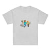 Youth classic tee with Minecraft heroes design on light grey fabric, featuring characters in adventure pose. Perfect for gaming fans.