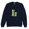 Youth crewneck sweatshirt with Minecraft Creeper design, black, cozy and stylish for young gamers, featuring soft cotton-polyester blend.