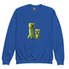 Blue youth crewneck sweatshirt featuring a bold Minecraft Creeper design, perfect for young gamers to stay warm and stylish.