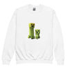 Youth crewneck sweatshirt with Minecraft Creeper design, featuring soft cotton-polyester blend and cozy fleece fabric.