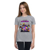 Girl wearing a gray Youth Short Sleeve T-Shirt featuring a vibrant Minecraft Realms Heroes design, perfect for young enthusiasts.