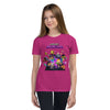 Girl wearing pink youth t-shirt with Minecraft Realms Heroes design, perfect for young gaming fans.