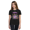 Girl wearing youth short sleeve T-shirt with vibrant Minecraft Realms Heroes design, perfect for young gamers and casual outings.