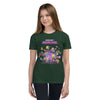 Youth wearing green short sleeve t-shirt with Minecraft Realms Heroes design, perfect for young gaming fans.