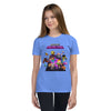 Girl wearing a blue short sleeve t-shirt with vibrant Minecraft Realms Heroes design, perfect for young gaming fans.