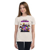 Girl wearing Youth Short Sleeve T-Shirt with Minecraft Realms Heroes design, featuring vibrant characters, perfect for young gamers.