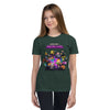 Girl wearing green Youth Short Sleeve T-Shirt with vibrant Minecraft Realms Heroes design, perfect for young Minecraft enthusiasts.