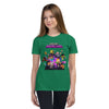 Youth wearing green short sleeve t-shirt with vibrant Minecraft Realms Heroes design, perfect for young Minecraft enthusiasts.