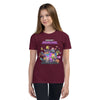 Girl wearing youth short sleeve t-shirt with Minecraft Realms Heroes design, perfect for young gamers and casual outings.