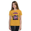 Youth wearing yellow short sleeve t-shirt with vibrant Minecraft Realms Heroes design, perfect for young enthusiasts.