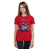 Youth girl wearing red short sleeve t-shirt with Minecraft Realms Heroes design, perfect for young Minecraft fans.