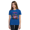 Youth wearing blue Minecraft Realms Heroes t-shirt, perfect for young gamers seeking comfort and style in casual outfits.