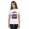 Youth wearing a white short sleeve t-shirt featuring a vibrant Minecraft Realms Heroes design, perfect for young gamers.